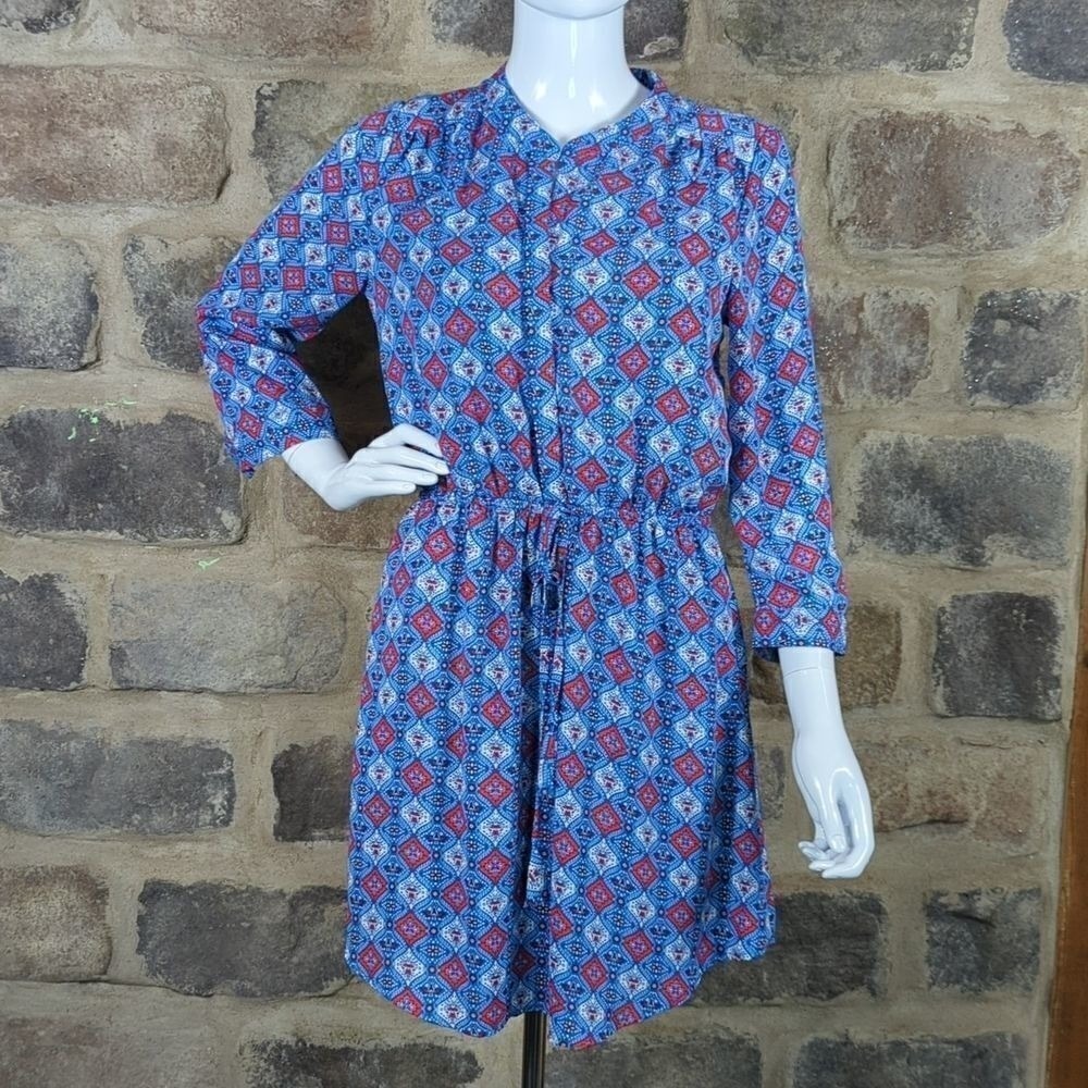 Daniel Rainn Women Blue Red Geometric Tile Print Drawstring Waist Dress Boho